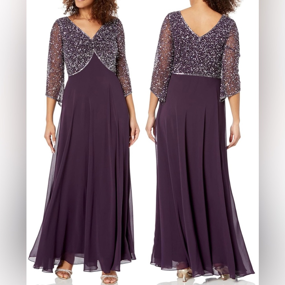 J Kara Women’s 3/4 Sleeve V-Neck Beaded Top Long Gown